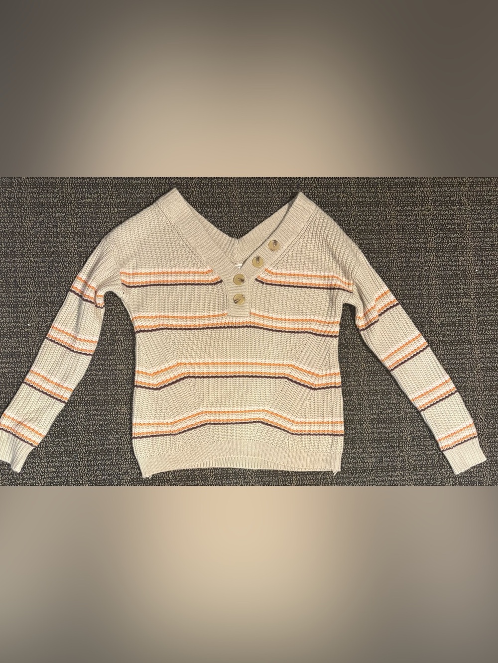 Maurices Cream V-Neck Sweater with Orange & Brown Stripes